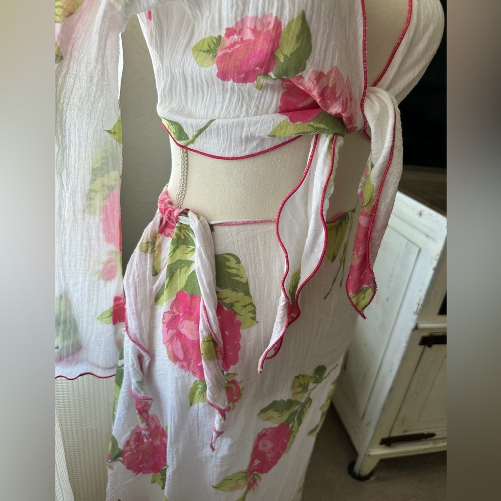 Elan Sheer Two Piece Floral swimsuit coverup with Pink and Green Accents